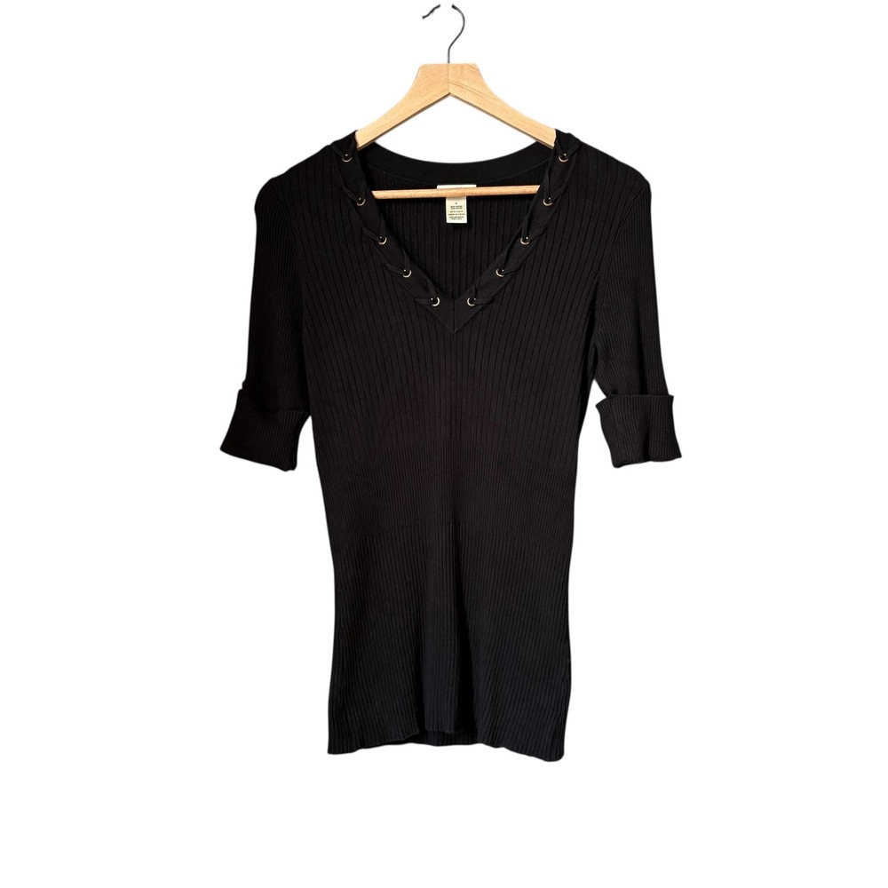 Cache Vintage Y2K Ribbed Knit Top Sz Medium Black V Neck Lace Up Eyelet Sweater